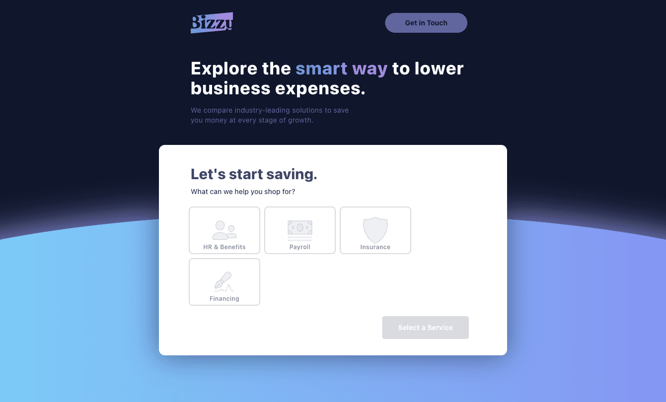 Screenshot of Bizzy website — Business solutions comparison platform